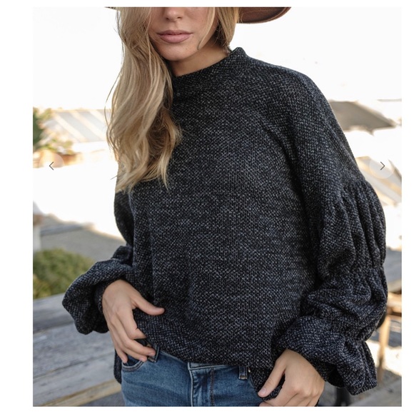 31 Boho Mock Neck Shirring Balloon Sleeve Knit Top - Picture 3 of 4